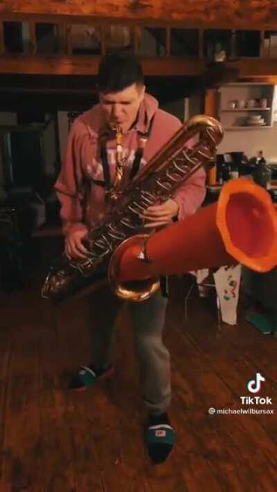 Using a traffic cone with your bass saxophone