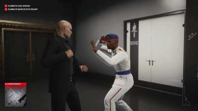 Diana: 47! The targets getting away! 47: I must boop this guys snoot! Diana: Wha-. 47: BOOP!