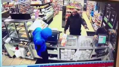Idiot robber with a fake gun vs. Smart security with real gun