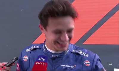 Lando getting the giggles after saying the word “blowy” in his Sky interview.