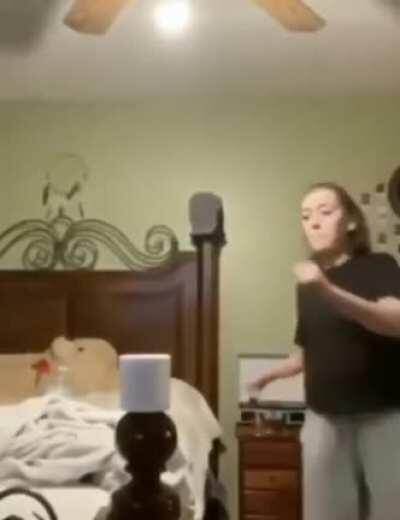 WCGW kicking a roll of toilet paper off a bed post