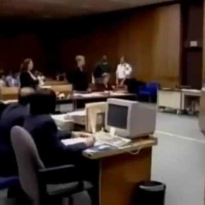 Footage of Alfred Gaynor being attacked by the son of one of his victims during a court hearing in 1998.