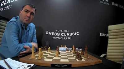 Shakh Mamedyarov reacts in shock to Levon Aronian's 22... Re8?? [Romania]