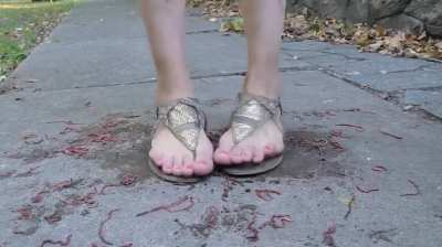 Sandália rasteirinha de dedo com detalhe de minhocas esmagadas