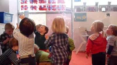 Kindergarten bubble party! Spot the one Aussie kid among the Norwegians