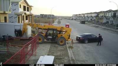 Lesson in physics. Acura TL attempts to move 30k pound machine in attempt to access trailer to steal tools. No tools were taken.