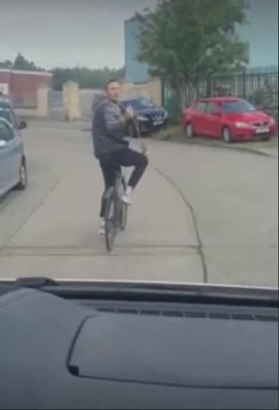 Cyclist blocking and threatening, as seen on internet happened in Ireland.