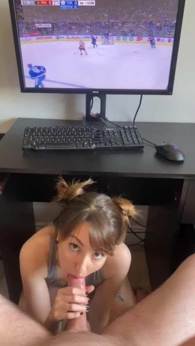 Told him he could watch the game as long as I could suck his cock