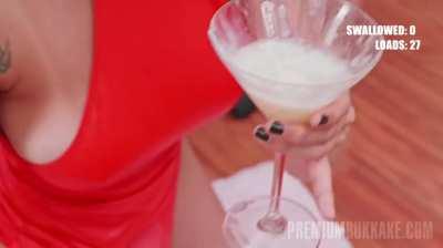 27 guys make her a cum cocktail she guzzles down