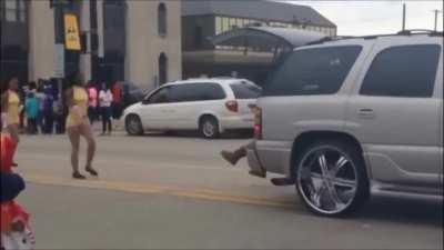 motorcyclist crashes into dancer.