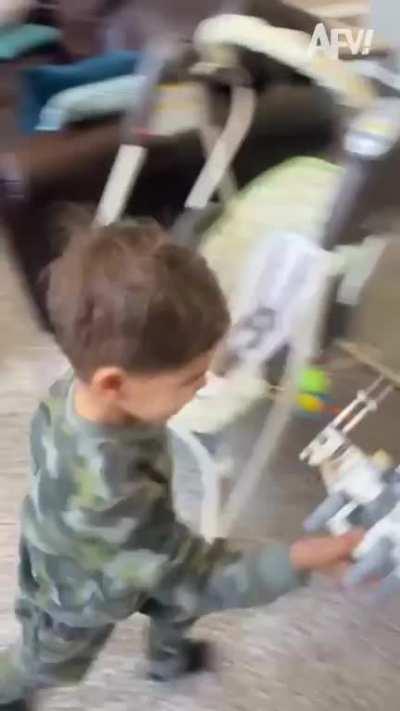 Running to show mom his finished LEGO X-Wing