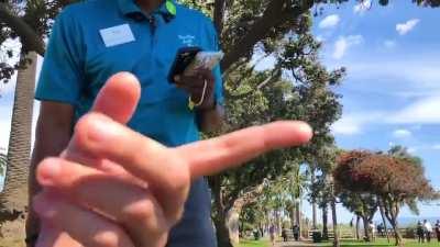 Podcast camera guy plays it ice cool, exploits an incredible outdoor rules loophole and keeps filming.