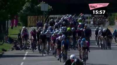 Pedestrian crosses the barriers and wanders in front of the Tulsa Tough Men's 1/2 crit race yesterday