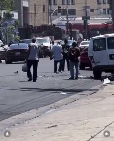 Los Angeles driver has his car looted after an accident. When he drives to drive away, he hits another car and his dragged from his.
