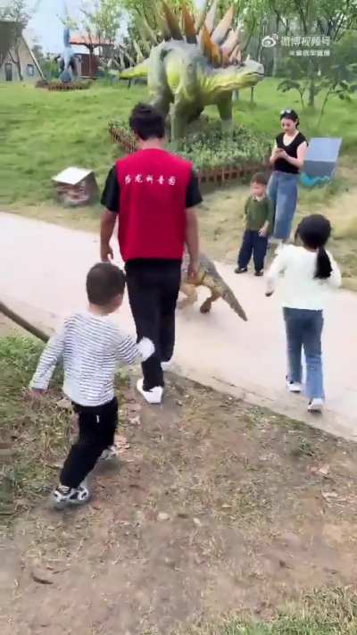 Replacing classical animatronics, in the Changzhou Dinosaur Amusement Park in China, they let a Unitree robot dog in a baby Triceratops costume play with the children.