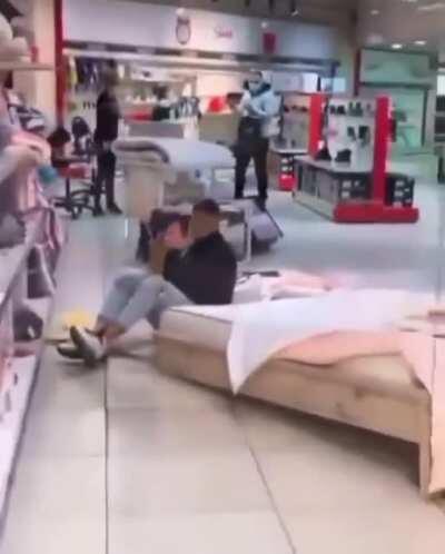 Guy who leaps onto shop display bed as a 'prank' - breaks it, and has to pay up