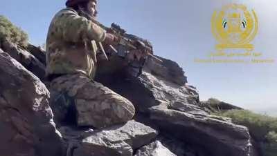 Video showing Afghan NRF Guerillas clashing with unseen Taliban fighters in the mountains of Panjshir, 2 of the fighters seem to be Former Afghan Commandos and can be seen using M4's with Afghan Commando upgrades. Unknown date, Panjshir Valley, Afghanista