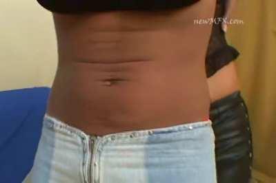 2 on 1. Slightly bigger Brazilian girl dom the skinny one, armholding.