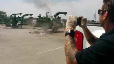 How fast a woodchipper can pull you in