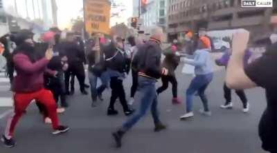 Trump supporter goes on violent rampage at protest, attacking women and bystanders, eventually gets taken down.