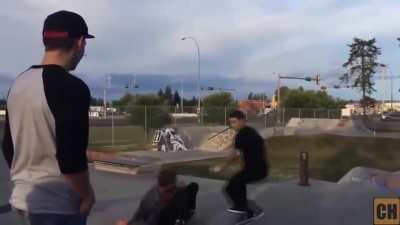 Younger kid leaves cocky skater boy seeing stars