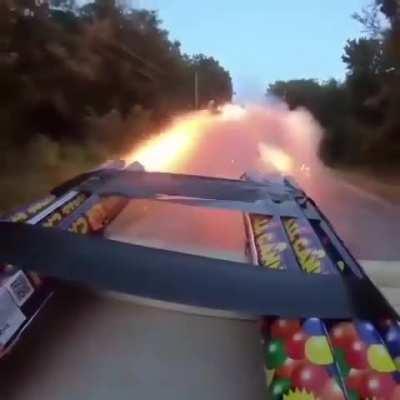 Man propels on the segway powered by firecrackers..