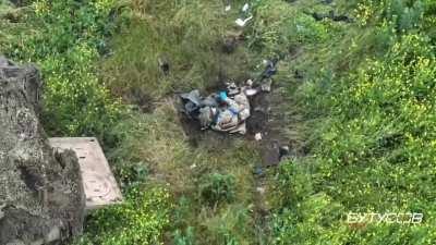 Ukrainian soldier exits armored vehicle and promptly loses leg to an anti-personnel mine