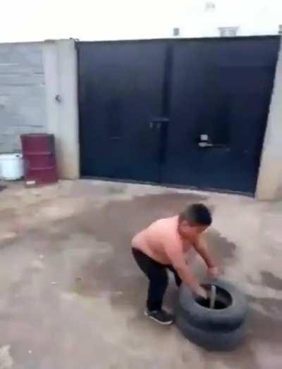 Kid enjoying his own obstacle course