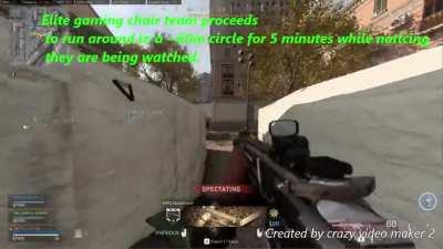 Hackers caught! Suspicious killcam leads to nervous hackers running in circles trying not to fight. They then get bored and expose themselves. Aimbot with wall hacks.