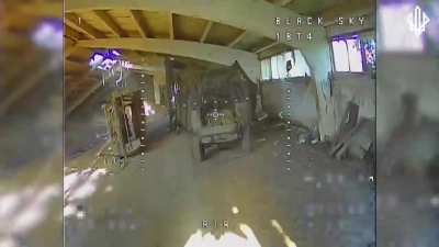 UA Black Sky drone Battalion found a Russian supply truck in a building during an inspection with Fiberoptic FPVs and proceeds to destroy it