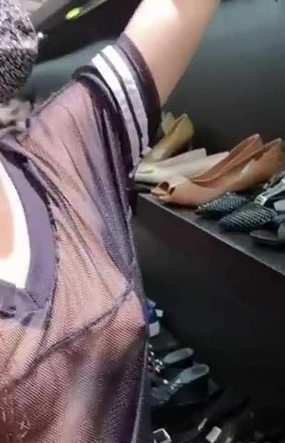 Daring see through mesh jersey in mall, no bra or panties. I'm inspired