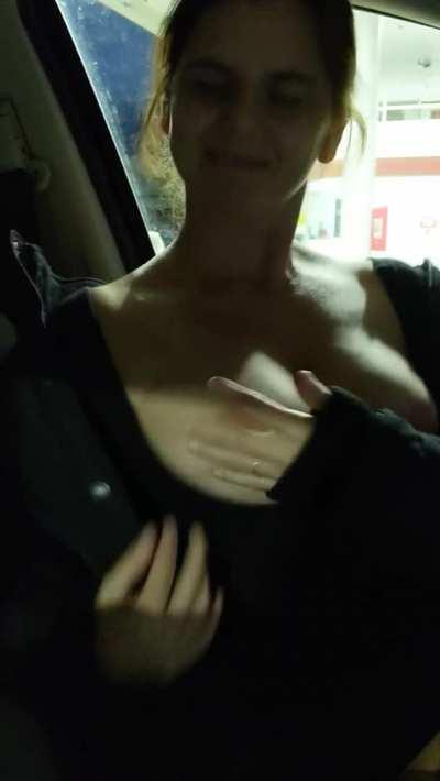 [f]lashing my boobs while stopped for gas (sorry I struggled getting them out-new dress)
