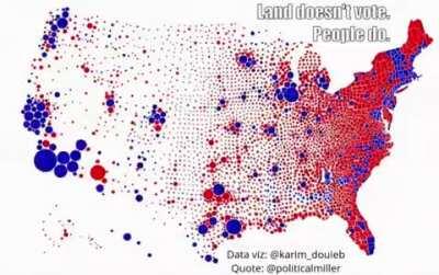 Uma animação para entender como os mapas da eleição dos EUA são enganosos: nos acostumamos a ver estados grandes parecendo uma muralha republicana, mas os estados em si não votam, quem vota são as pessoas. Aqui, em vez dos estados, vemos as populações de 