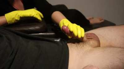 Tied Arms - Handjob Cumshot - Yellow Latex Gloves [OC]