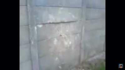 Kicking a damaged concrete wall