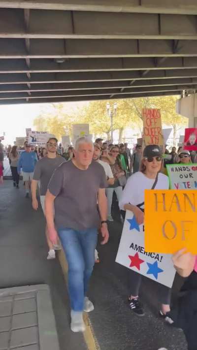 “This is what democracy looks like!” the people shout as they march through the streets of Portland, Oregon, in a ‘Hands Off’ protest against Trump and Musk
