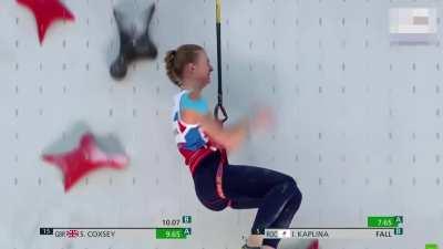 Olympic Speed Climber, I. Kaplina slips near the end.