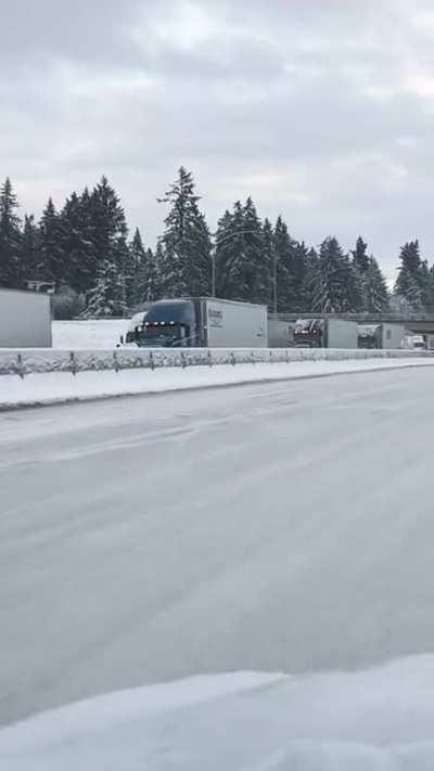 Interstate 5 in Portland Oregon. Semi trucks have blocked the entire highway.
