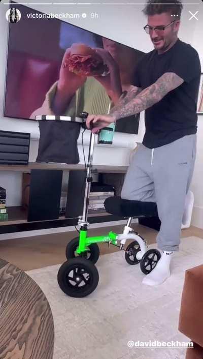 Victoria Beckham shares video of David setting up her mobility scooter: “Think how much wine I can fit in this basket!!”