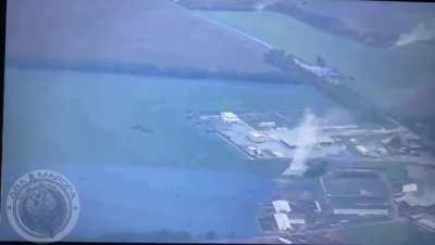 RU pov: Footage of what looks to be cluster munition being dropped on the checkpoint in the Belgorod region.