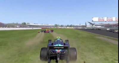 AI tries to overtake on the outside, and takes them out. Then dangerously rejoins the track.