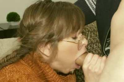 Riley Reid wearing a cute vintage pullover in a hot deepthroat and facial scene