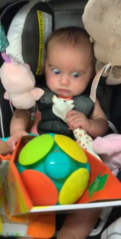Baby's reaction to its new toy