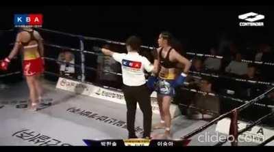 Fighter stops her kick right before it would have devastated her opponent. She’s a class act, and the skill is on a new level.