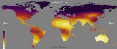 [OC] It's getting darker... Global average sunshine hours