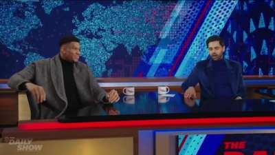 Giannis both trash talks and sweet talks Luka, Jokic, Durant and LeBron after being prompted to by Hassan Minhaj.