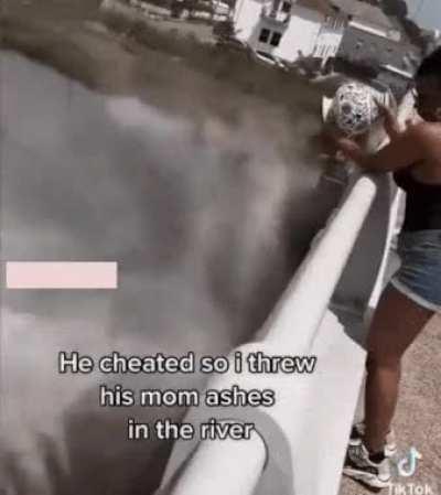 POS literally throws someone's ashes into a river- out of contempt. Proceeds to film it.... and post it.