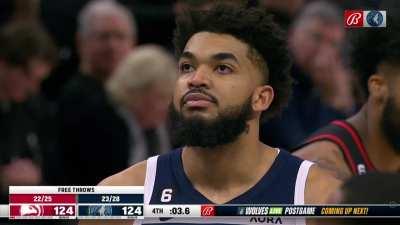 [Highlight] In his first game back, KAT hits two clutch free throws to give the Wolves a one point lead with 3 seconds left