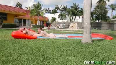 Slippin' and sliding into a blowjob.