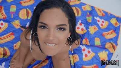 Brunette with great tits takes a shot in the mouth